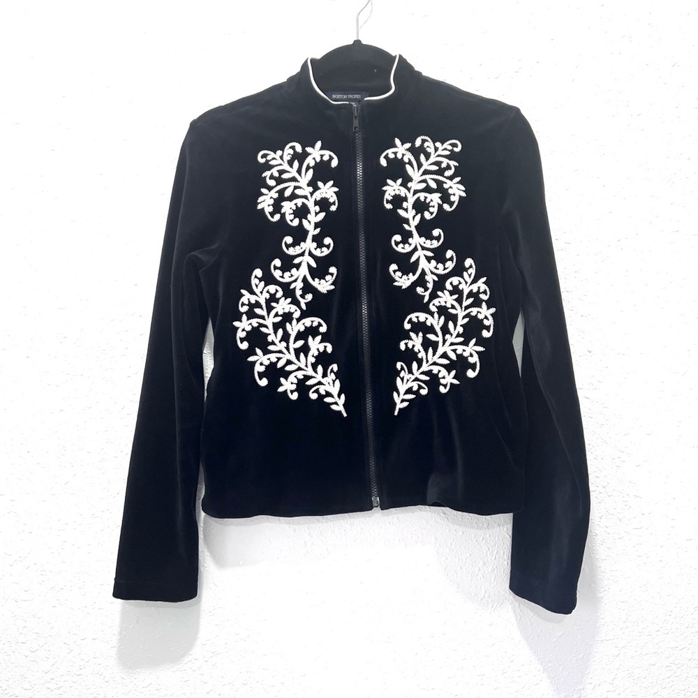 Boston Proper Black and White Embroidered Blazer‎ S
